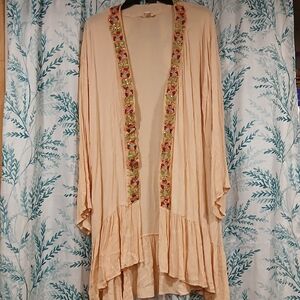 Rocks & Indigo Flowy XL Kimono Duster Peach Hand-Beaded Sequin Embroidery Boho